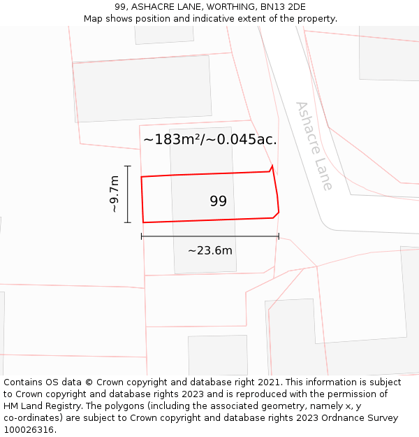 99, ASHACRE LANE, WORTHING, BN13 2DE: Plot and title map