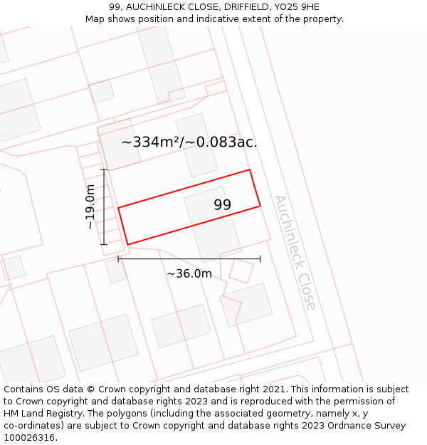 99, AUCHINLECK CLOSE, DRIFFIELD, YO25 9HE: Plot and title map
