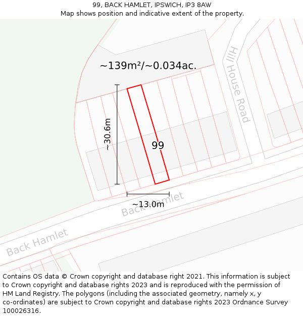 99, BACK HAMLET, IPSWICH, IP3 8AW: Plot and title map