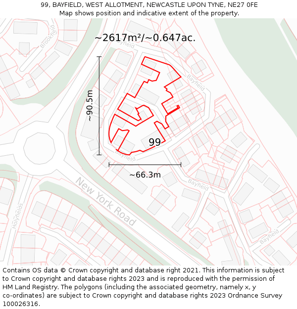 99, BAYFIELD, WEST ALLOTMENT, NEWCASTLE UPON TYNE, NE27 0FE: Plot and title map