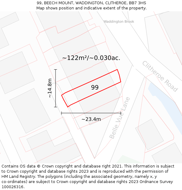 99, BEECH MOUNT, WADDINGTON, CLITHEROE, BB7 3HS: Plot and title map