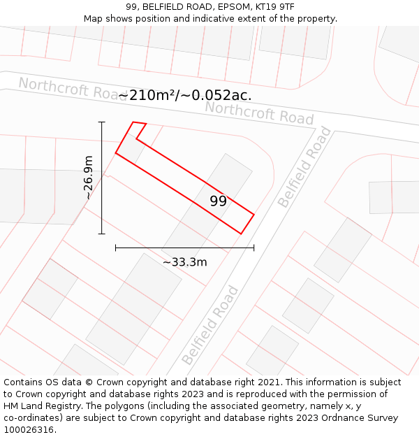 99, BELFIELD ROAD, EPSOM, KT19 9TF: Plot and title map