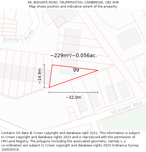 99, BISHOPS ROAD, TRUMPINGTON, CAMBRIDGE, CB2 9NR: Plot and title map
