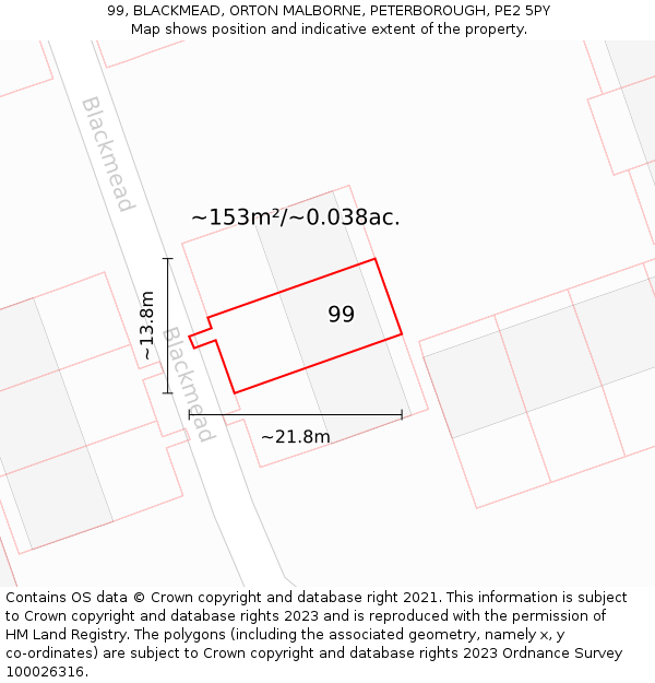 99, BLACKMEAD, ORTON MALBORNE, PETERBOROUGH, PE2 5PY: Plot and title map