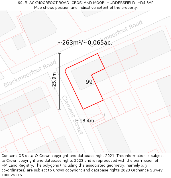99, BLACKMOORFOOT ROAD, CROSLAND MOOR, HUDDERSFIELD, HD4 5AP: Plot and title map