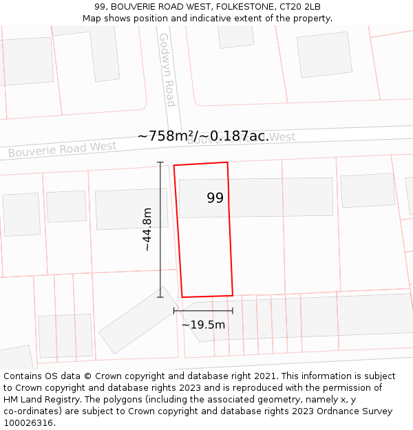 99, BOUVERIE ROAD WEST, FOLKESTONE, CT20 2LB: Plot and title map