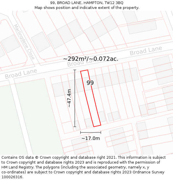 99, BROAD LANE, HAMPTON, TW12 3BQ: Plot and title map