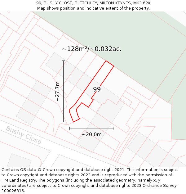 99, BUSHY CLOSE, BLETCHLEY, MILTON KEYNES, MK3 6PX: Plot and title map