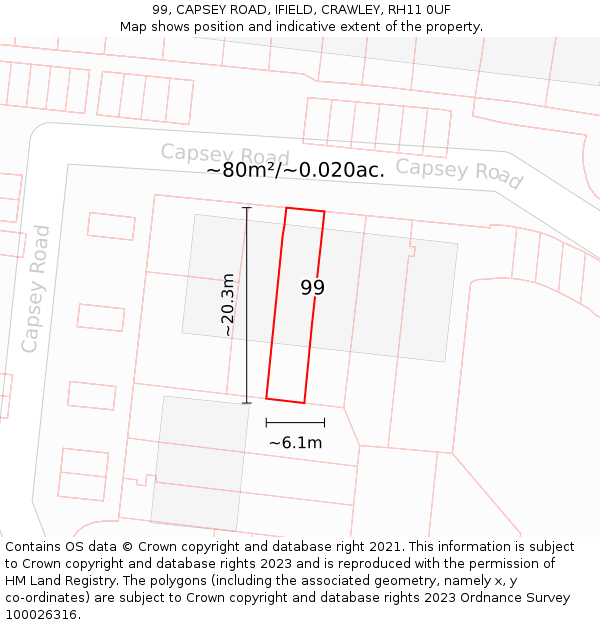 99, CAPSEY ROAD, IFIELD, CRAWLEY, RH11 0UF: Plot and title map