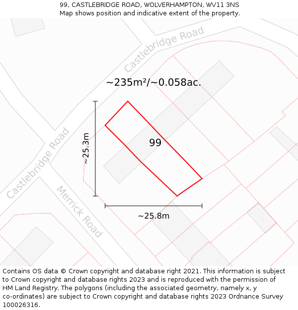 99, CASTLEBRIDGE ROAD, WOLVERHAMPTON, WV11 3NS: Plot and title map