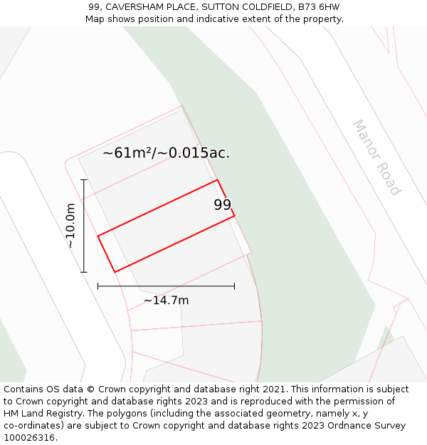 99, CAVERSHAM PLACE, SUTTON COLDFIELD, B73 6HW: Plot and title map