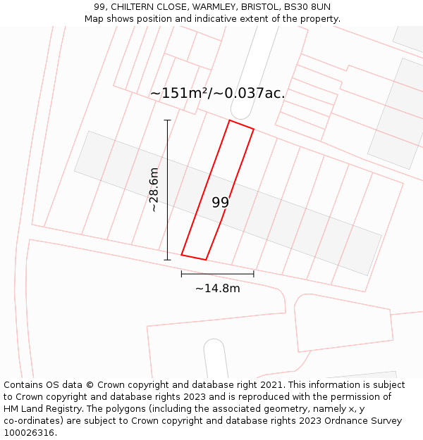 99, CHILTERN CLOSE, WARMLEY, BRISTOL, BS30 8UN: Plot and title map