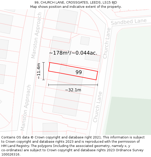 99, CHURCH LANE, CROSSGATES, LEEDS, LS15 8JD: Plot and title map
