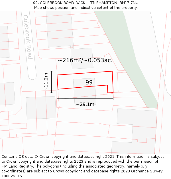 99, COLEBROOK ROAD, WICK, LITTLEHAMPTON, BN17 7NU: Plot and title map