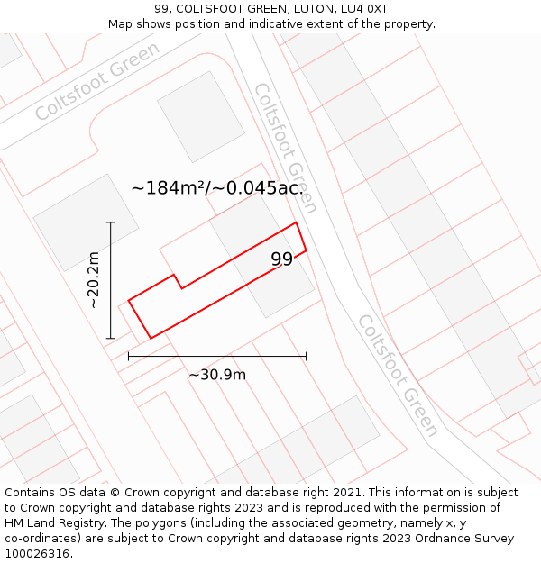 99, COLTSFOOT GREEN, LUTON, LU4 0XT: Plot and title map