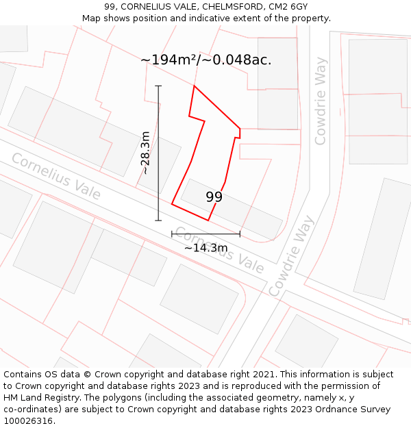 99, CORNELIUS VALE, CHELMSFORD, CM2 6GY: Plot and title map