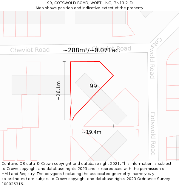 99, COTSWOLD ROAD, WORTHING, BN13 2LD: Plot and title map