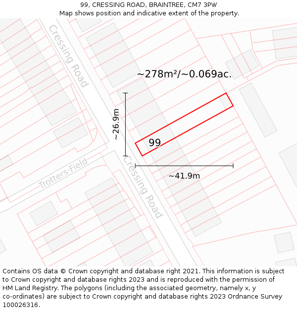 99, CRESSING ROAD, BRAINTREE, CM7 3PW: Plot and title map