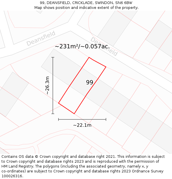 99, DEANSFIELD, CRICKLADE, SWINDON, SN6 6BW: Plot and title map