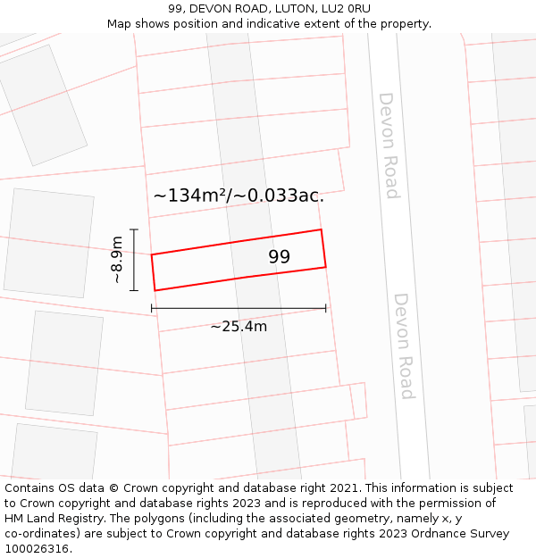 99, DEVON ROAD, LUTON, LU2 0RU: Plot and title map