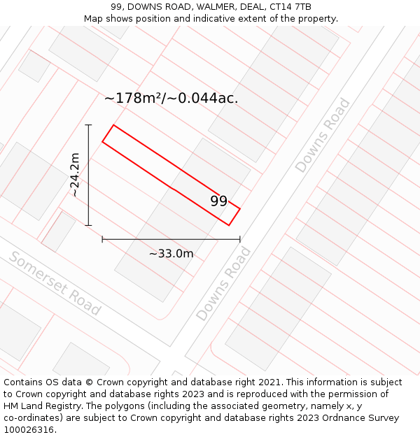 99, DOWNS ROAD, WALMER, DEAL, CT14 7TB: Plot and title map