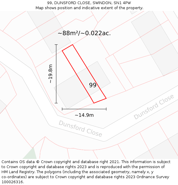 99, DUNSFORD CLOSE, SWINDON, SN1 4PW: Plot and title map