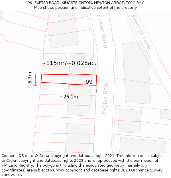 99, EXETER ROAD, KINGSTEIGNTON, NEWTON ABBOT, TQ12 3HY: Plot and title map