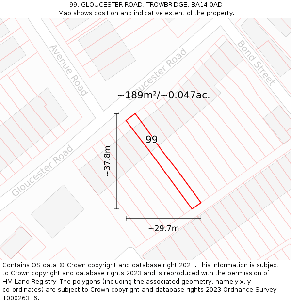 99, GLOUCESTER ROAD, TROWBRIDGE, BA14 0AD: Plot and title map
