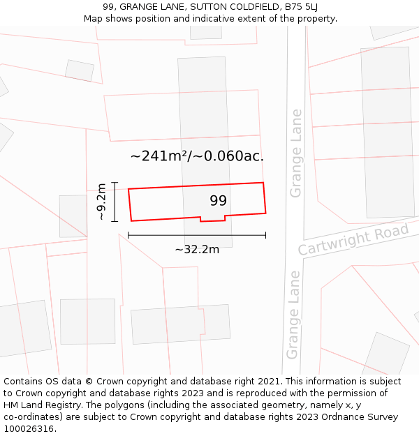 99, GRANGE LANE, SUTTON COLDFIELD, B75 5LJ: Plot and title map