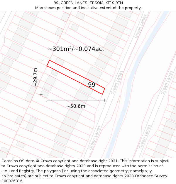 99, GREEN LANES, EPSOM, KT19 9TN: Plot and title map