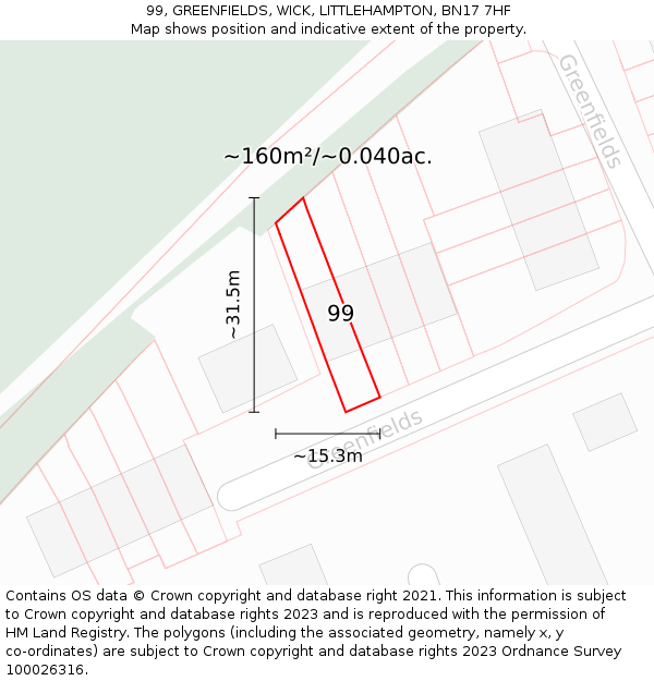 99, GREENFIELDS, WICK, LITTLEHAMPTON, BN17 7HF: Plot and title map