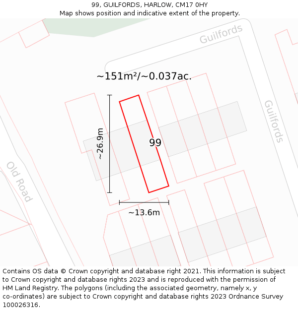 99, GUILFORDS, HARLOW, CM17 0HY: Plot and title map