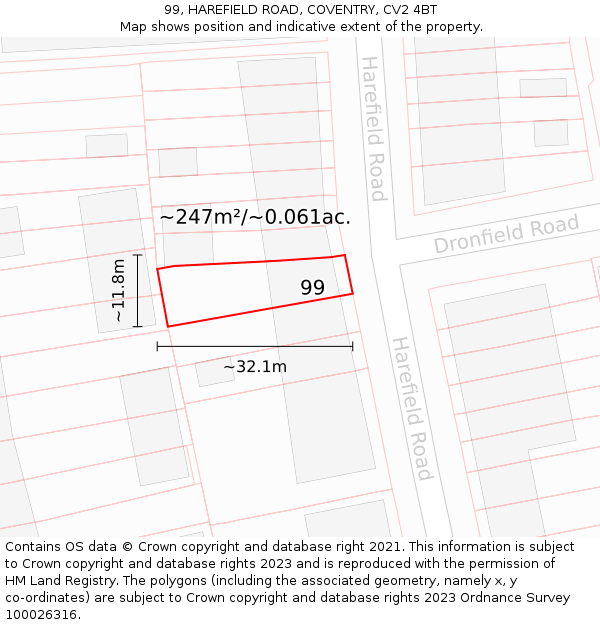 99, HAREFIELD ROAD, COVENTRY, CV2 4BT: Plot and title map
