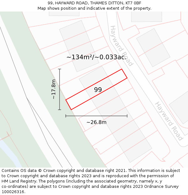 99, HAYWARD ROAD, THAMES DITTON, KT7 0BF: Plot and title map