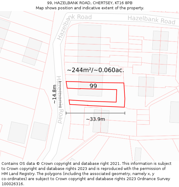 99, HAZELBANK ROAD, CHERTSEY, KT16 8PB: Plot and title map