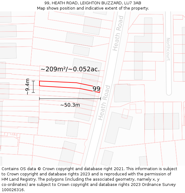 99, HEATH ROAD, LEIGHTON BUZZARD, LU7 3AB: Plot and title map