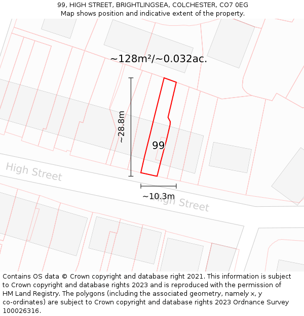 99, HIGH STREET, BRIGHTLINGSEA, COLCHESTER, CO7 0EG: Plot and title map