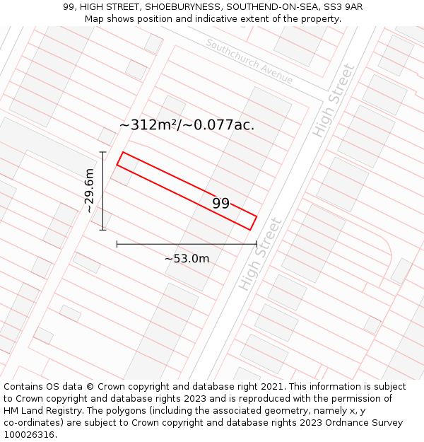 99, HIGH STREET, SHOEBURYNESS, SOUTHEND-ON-SEA, SS3 9AR: Plot and title map