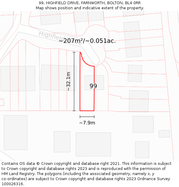 99, HIGHFIELD DRIVE, FARNWORTH, BOLTON, BL4 0RR: Plot and title map