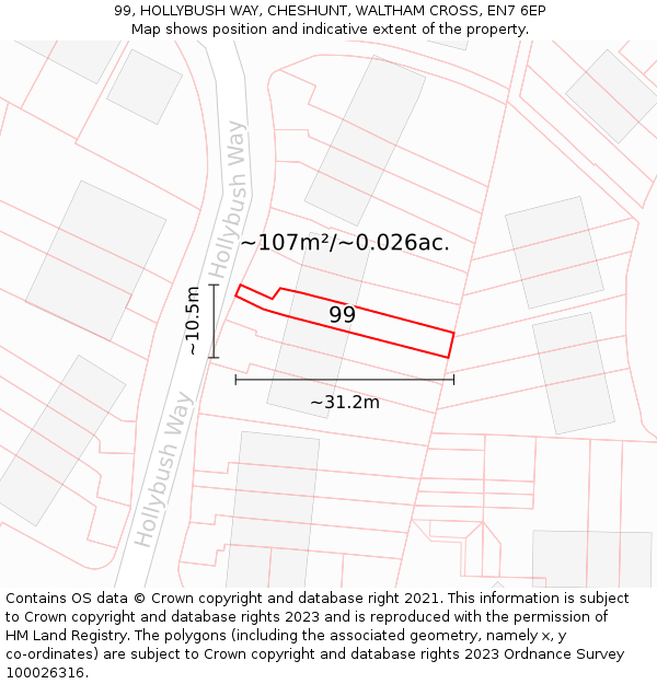 99, HOLLYBUSH WAY, CHESHUNT, WALTHAM CROSS, EN7 6EP: Plot and title map