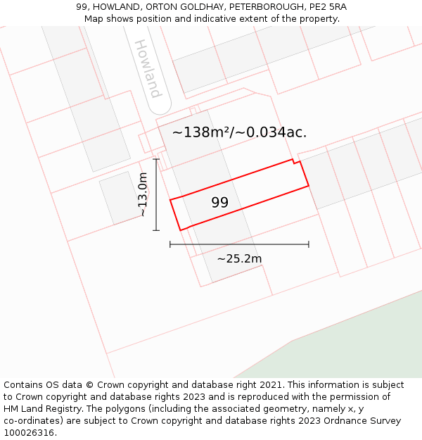 99, HOWLAND, ORTON GOLDHAY, PETERBOROUGH, PE2 5RA: Plot and title map