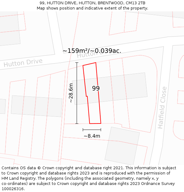 99, HUTTON DRIVE, HUTTON, BRENTWOOD, CM13 2TB: Plot and title map