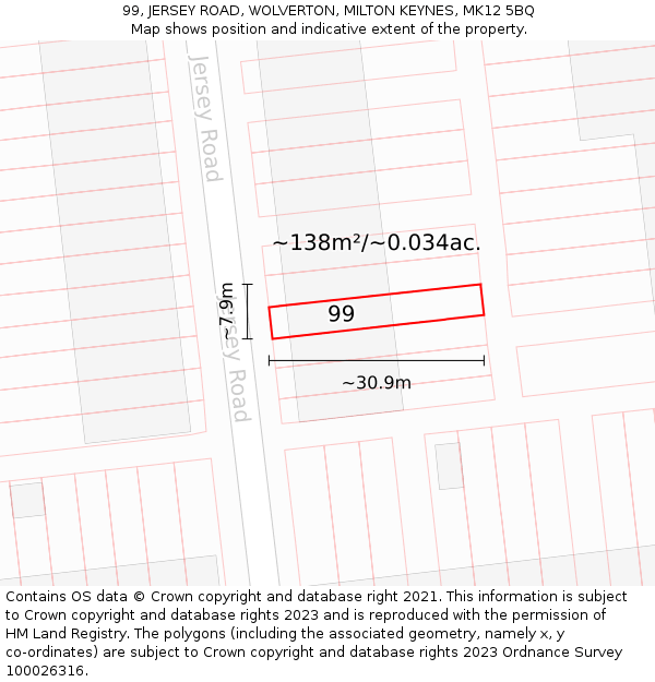 99, JERSEY ROAD, WOLVERTON, MILTON KEYNES, MK12 5BQ: Plot and title map