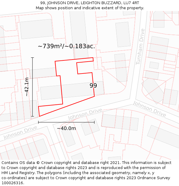 99, JOHNSON DRIVE, LEIGHTON BUZZARD, LU7 4RT: Plot and title map