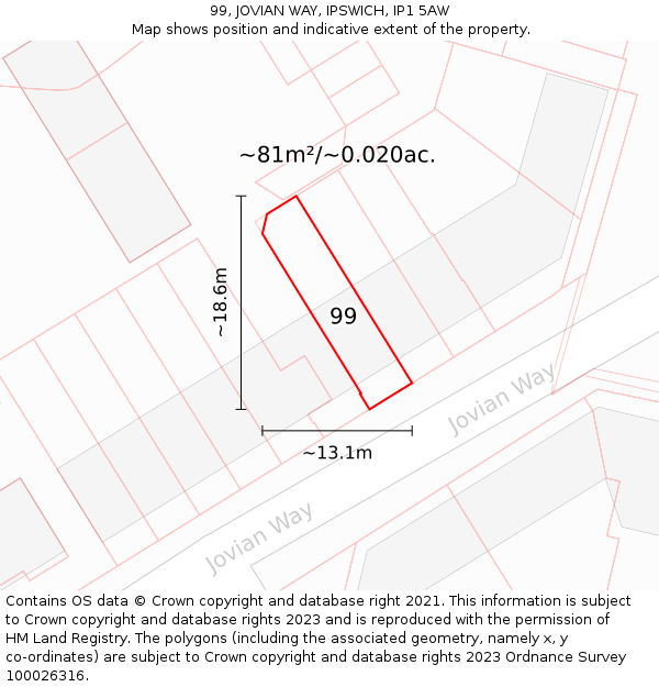 99, JOVIAN WAY, IPSWICH, IP1 5AW: Plot and title map