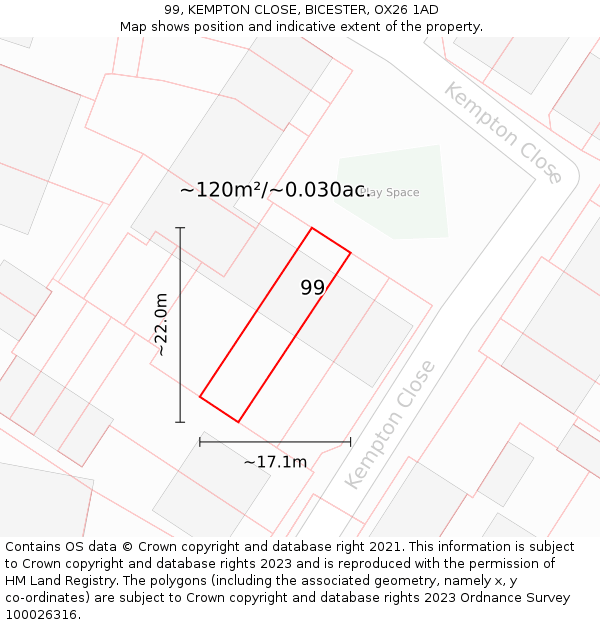 99, KEMPTON CLOSE, BICESTER, OX26 1AD: Plot and title map
