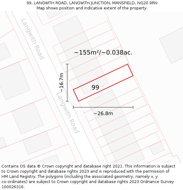 99, LANGWITH ROAD, LANGWITH JUNCTION, MANSFIELD, NG20 9RN: Plot and title map