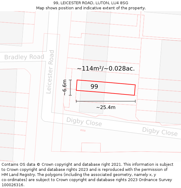 99, LEICESTER ROAD, LUTON, LU4 8SG: Plot and title map