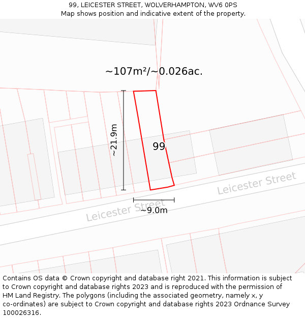 99, LEICESTER STREET, WOLVERHAMPTON, WV6 0PS: Plot and title map