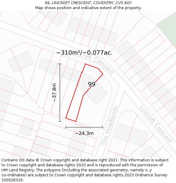 99, LINCROFT CRESCENT, COVENTRY, CV5 8GY: Plot and title map